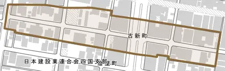 古新町とその周辺の地図。町の範囲を重ねている