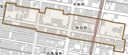 御坊町とその周辺の地図。町の範囲を重ねている