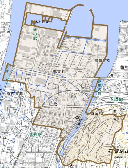 郷東町とその周辺の地図。町の範囲を重ねている