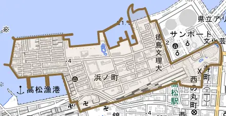 浜ノ町とその周辺の地図。町の範囲を重ねている