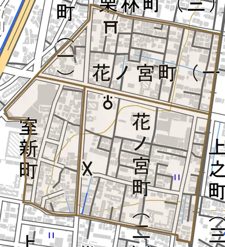花ノ宮町とその周辺の地図。町の範囲を重ねている