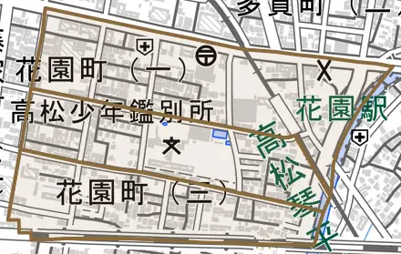 花園町とその周辺の地図。町の範囲を重ねている