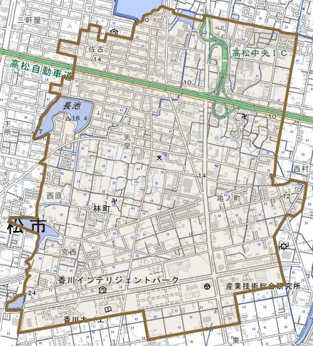林町とその周辺の地図。町の範囲を重ねている