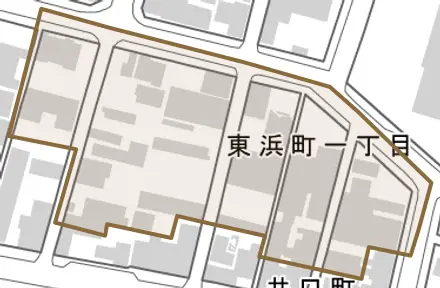 東浜町とその周辺の地図。町の範囲を重ねている