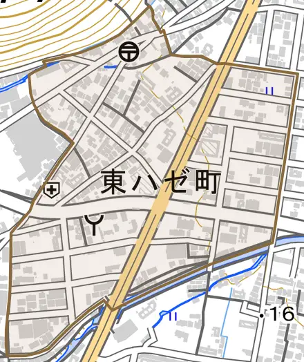 東ハゼ町とその周辺の地図。町の範囲を重ねている