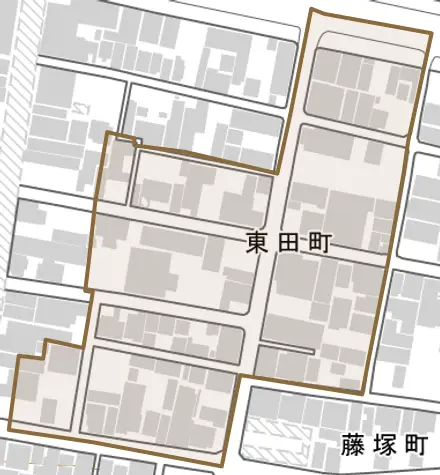 東田町とその周辺の地図。町の範囲を重ねている