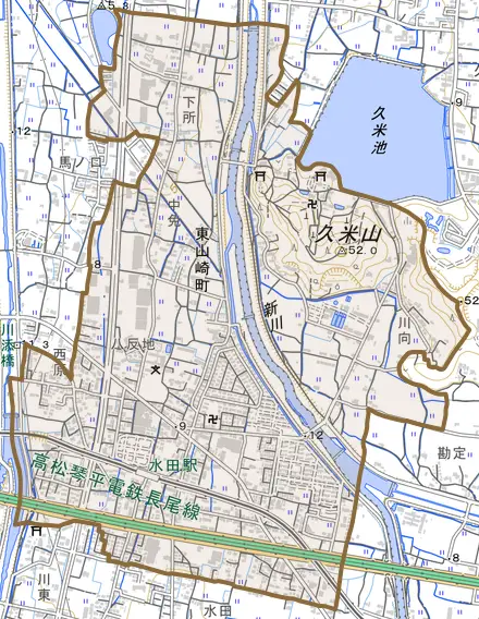 東山崎町とその周辺の地図。町の範囲を重ねている