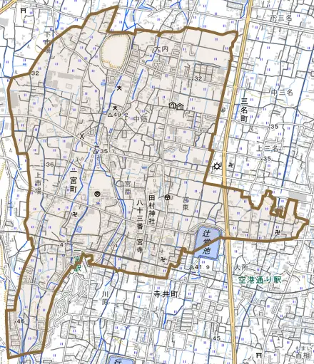 一宮町とその周辺の地図。町の範囲を重ねている