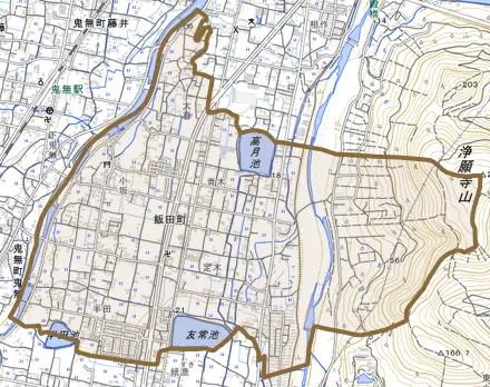 飯田町とその周辺の地図。町の範囲を重ねている