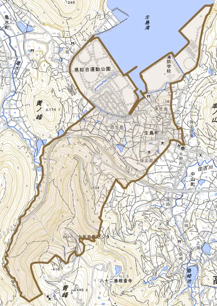 生島町とその周辺の地図。町の範囲を重ねている