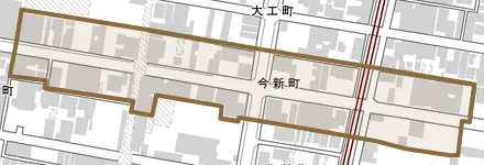 今新町とその周辺の地図。町の範囲を重ねている
