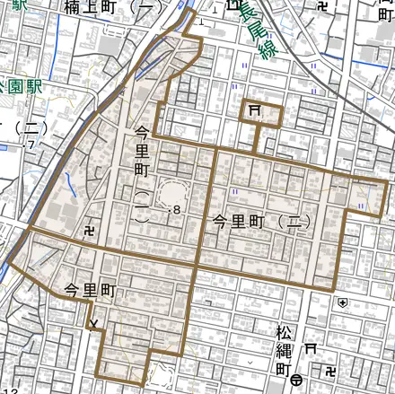 今里町とその周辺の地図。町の範囲を重ねている
