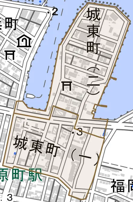 城東町とその周辺の地図。町の範囲を重ねている