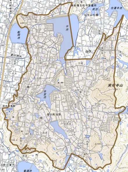香川町浅野とその周辺の地図。町の範囲を重ねている