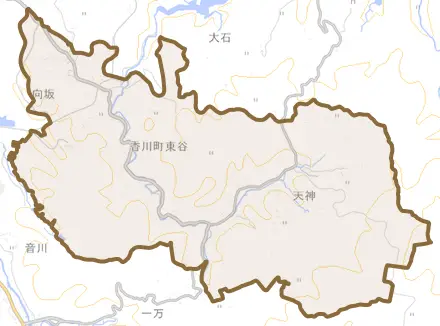 香川町東谷とその周辺の地図。町の範囲を重ねている