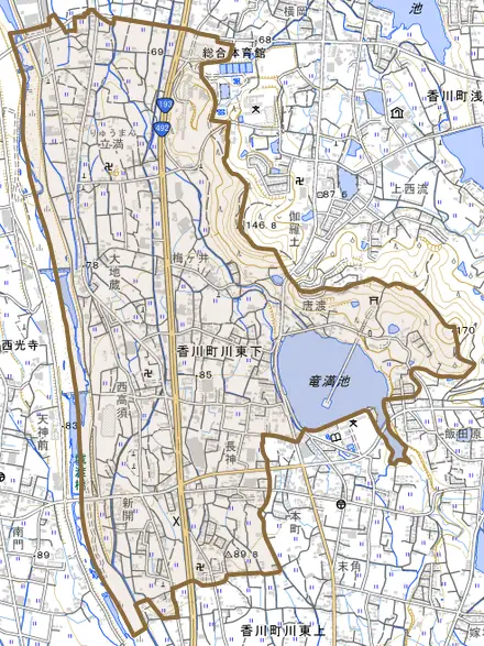 香川町川東下とその周辺の地図。町の範囲を重ねている