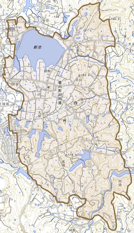 香川町川内原とその周辺の地図。町の範囲を重ねている