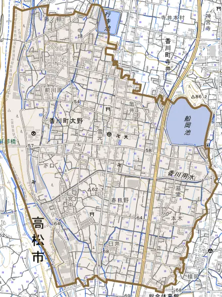香川町大野とその周辺の地図。町の範囲を重ねている