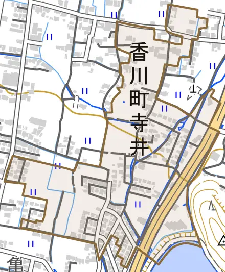香川町寺井とその周辺の地図。町の範囲を重ねている