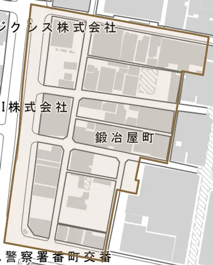 鍛冶屋町とその周辺の地図。町の範囲を重ねている