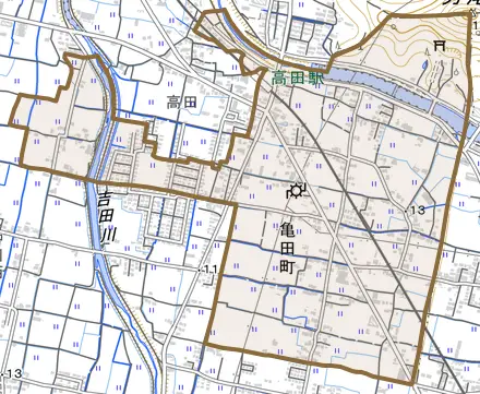 亀田町とその周辺の地図。町の範囲を重ねている