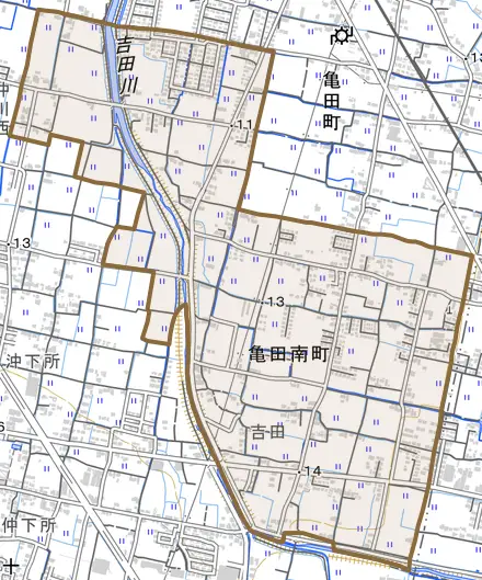 亀田南町とその周辺の地図。町の範囲を重ねている