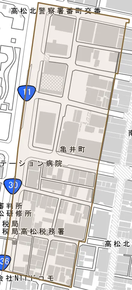 亀井町とその周辺の地図。町の範囲を重ねている