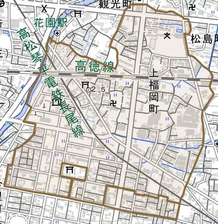 上福岡町とその周辺の地図。町の範囲を重ねている