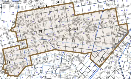 上林町とその周辺の地図。町の範囲を重ねている