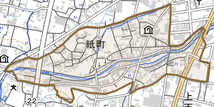 紙町とその周辺の地図。町の範囲を重ねている