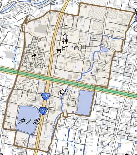 上天神町とその周辺の地図。町の範囲を重ねている
