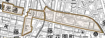 観光通とその周辺の地図。町の範囲を重ねている