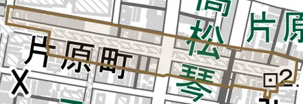 片原町とその周辺の地図。町の範囲を重ねている
