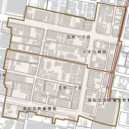 瓦町とその周辺の地図。町の範囲を重ねている