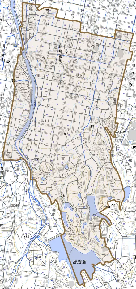 川島東町とその周辺の地図。町の範囲を重ねている