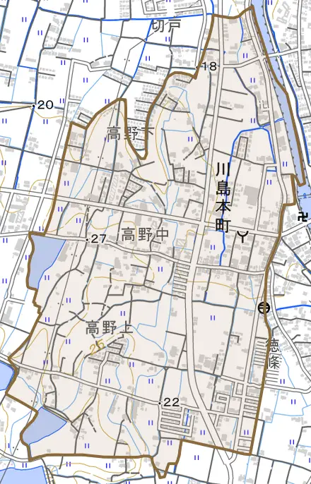 川島本町とその周辺の地図。町の範囲を重ねている