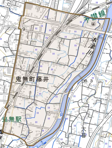 鬼無町藤井とその周辺の地図。町の範囲を重ねている