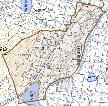 鬼無町鬼無とその周辺の地図。町の範囲を重ねている