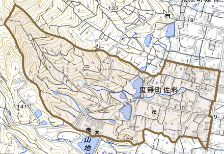 鬼無町佐料とその周辺の地図。町の範囲を重ねている