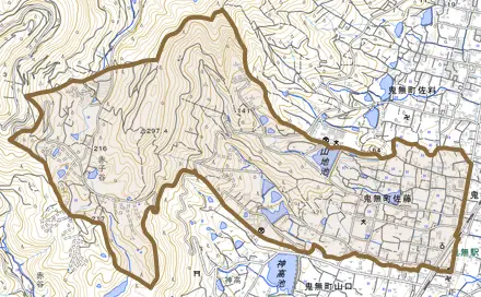鬼無町佐藤とその周辺の地図。町の範囲を重ねている