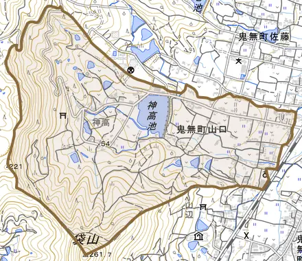 鬼無町山口とその周辺の地図。町の範囲を重ねている