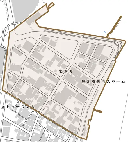 北浜町とその周辺の地図。町の範囲を重ねている