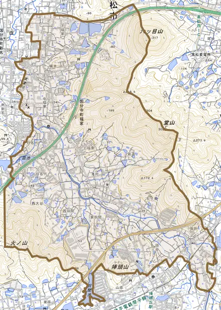 国分寺町福家とその周辺の地図。町の範囲を重ねている