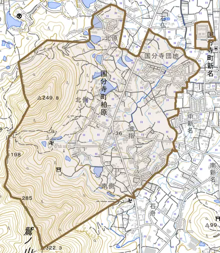 国分寺町柏原とその周辺の地図。町の範囲を重ねている
