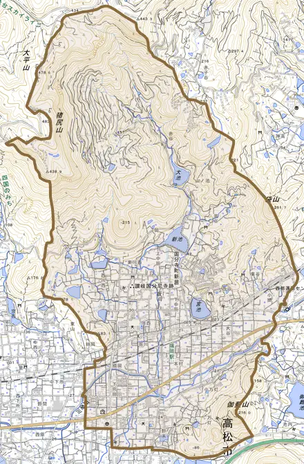 国分寺町新居とその周辺の地図。町の範囲を重ねている