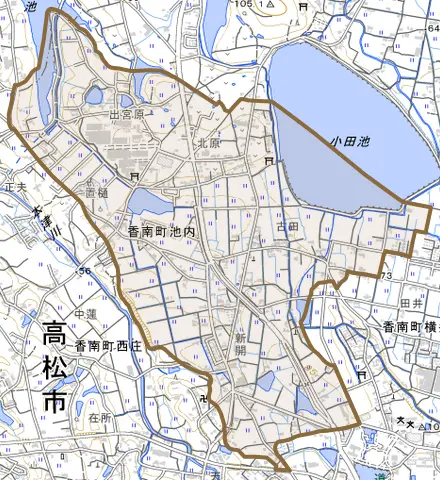 香南町池内とその周辺の地図。町の範囲を重ねている