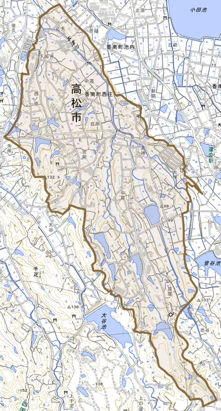 香南町西庄とその周辺の地図。町の範囲を重ねている