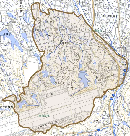 香南町岡とその周辺の地図。町の範囲を重ねている