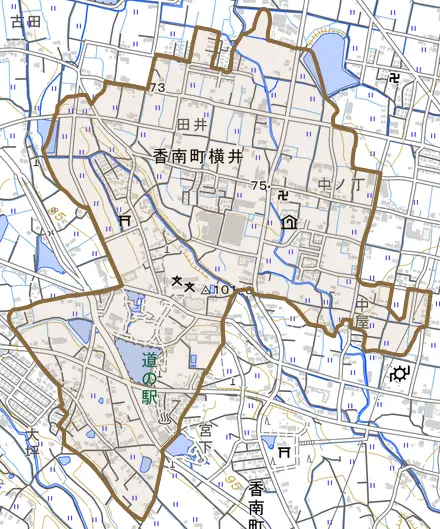 香南町横井とその周辺の地図。町の範囲を重ねている