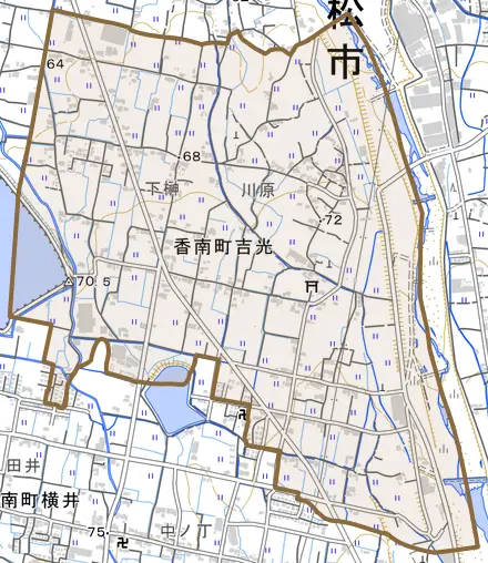 香南町吉光とその周辺の地図。町の範囲を重ねている